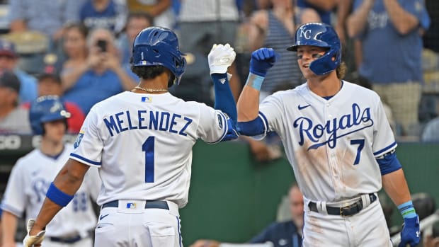 Aug 4, 2022; Kansas City, Missouri, USA; Kansas City Royals left fielder MJ Melendez (1) celebrates with third baseman Bobby Witt Jr. (7) after hitting a solo home run during the first inning against the Boston Red Sox at Kauffman Stadium. Mandatory Credit: Peter Aiken-USA TODAY Sports
